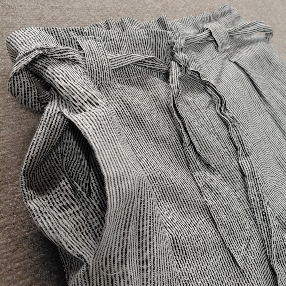 Max Studio Wide Leg Crop Pants Sz MEDIUM Linen Blend Black Vertical Striped Belt - Picture 3 of 11